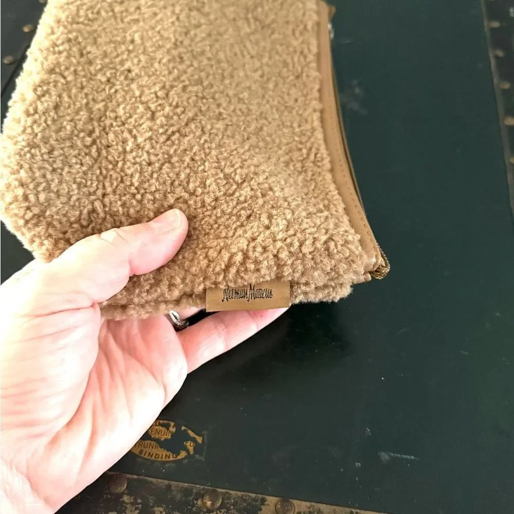 Neiman Marcus tan sherpa cosmetic bag